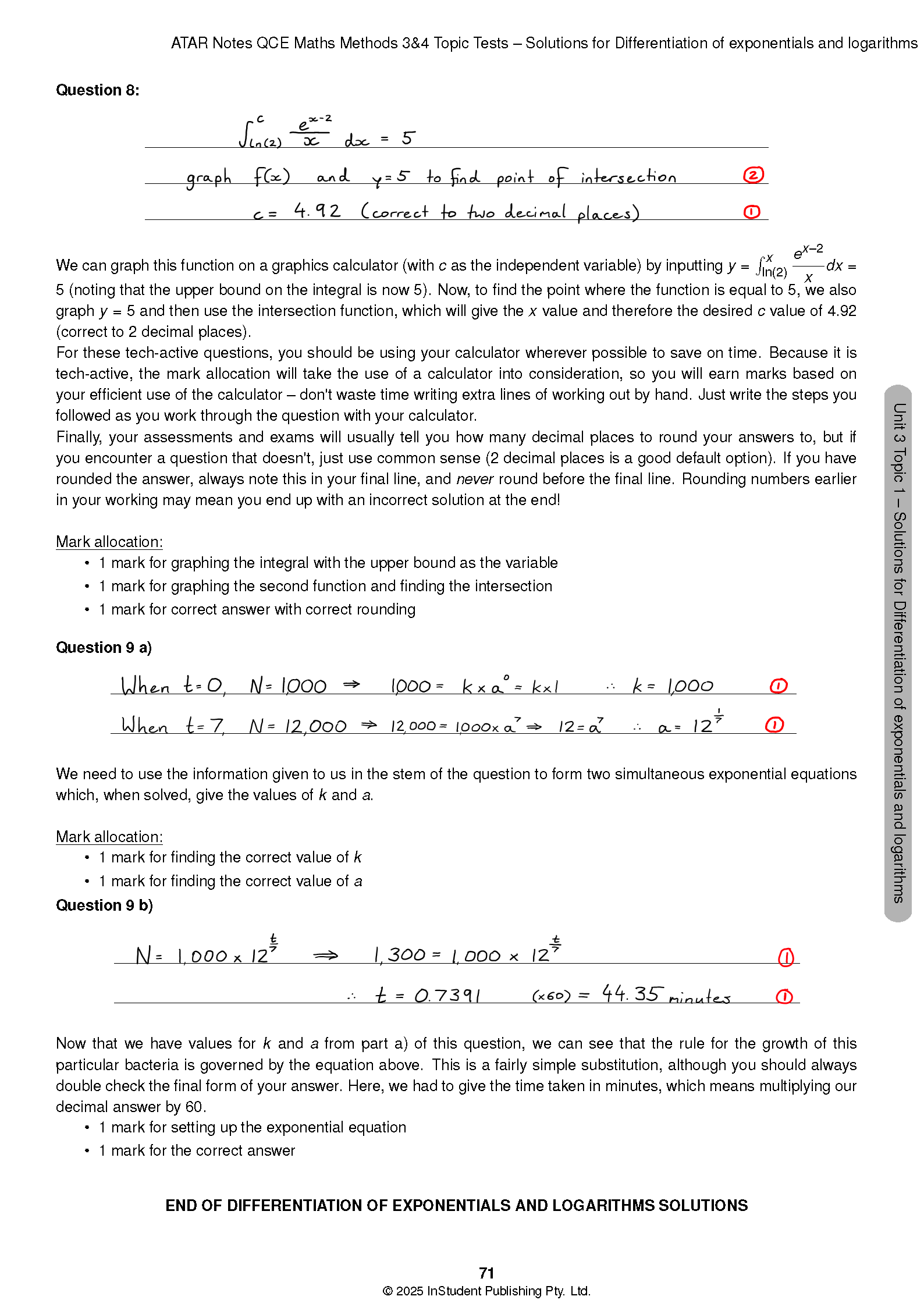Maths Methods Topic Tests by ATAR Notes, showing solved problems and mark allocations on an open white page with handwritten notes, cropped view.