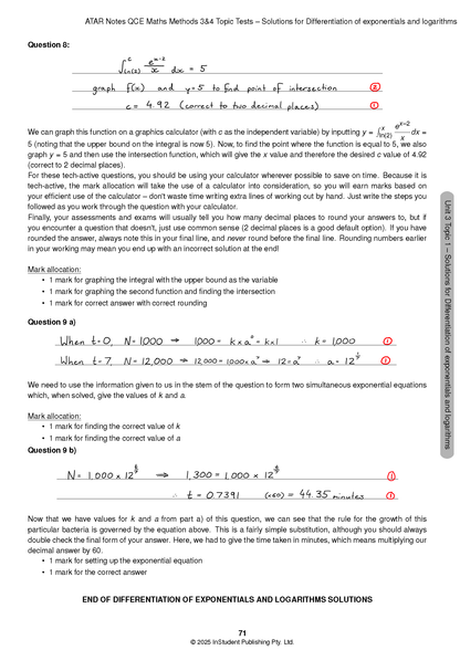 Maths Methods Topic Tests by ATAR Notes, showing solved problems and mark allocations on an open white page with handwritten notes, cropped view.