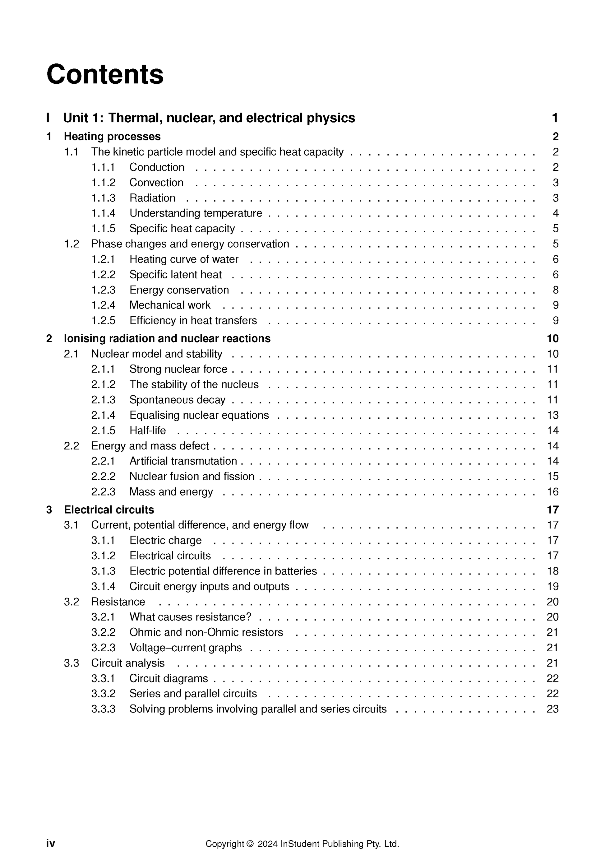 Physics Course Notes by ATAR Notes, displaying the table of contents on a white page, covering thermal, nuclear, and electrical physics.