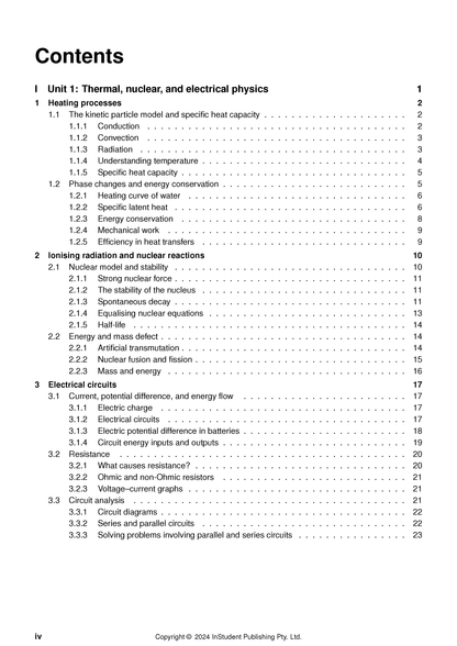 Physics Course Notes by ATAR Notes, displaying the table of contents on a white page, covering thermal, nuclear, and electrical physics.
