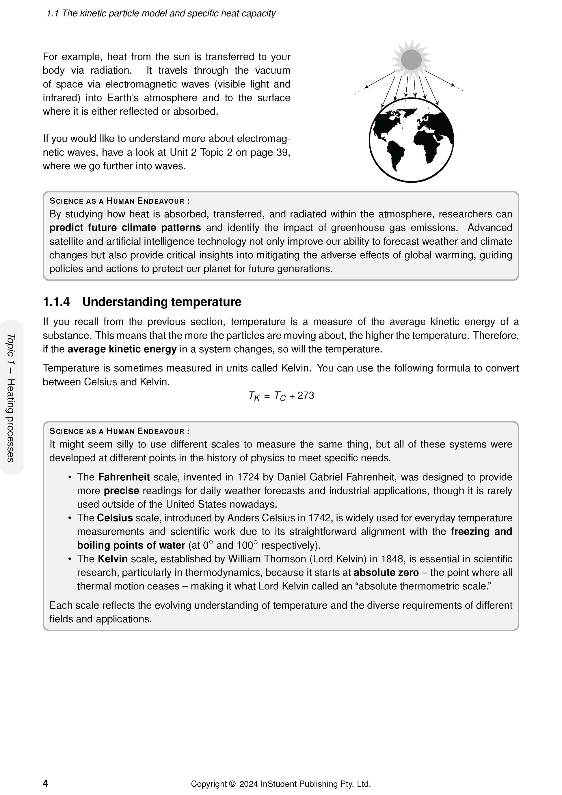 Page from QCE Physics course notes by ATAR Notes, showing text on temperature, scales, and a sun-to-Earth radiation diagram.