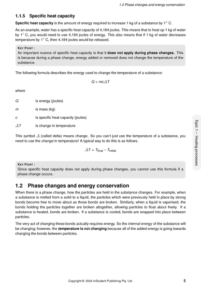 Printed Course Notes by ATAR Notes, a white page detailing specific heat capacity and phase changes.