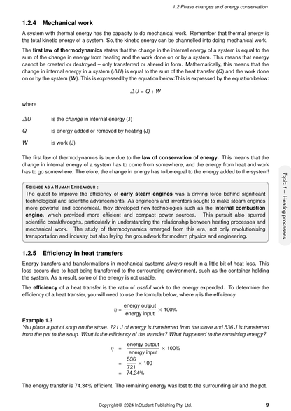 QCE Physics 1&2 Complete Course Notes by ATAR Notes, open to a page detailing mechanical work and heat transfer efficiency with formulas and an example.