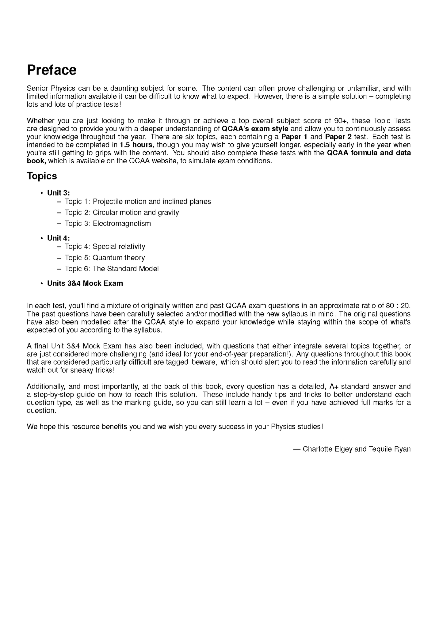 White page of QCE Physics 3&4 Topic Tests by ATAR Notes, featuring a preface, subject topics, and descriptive text.