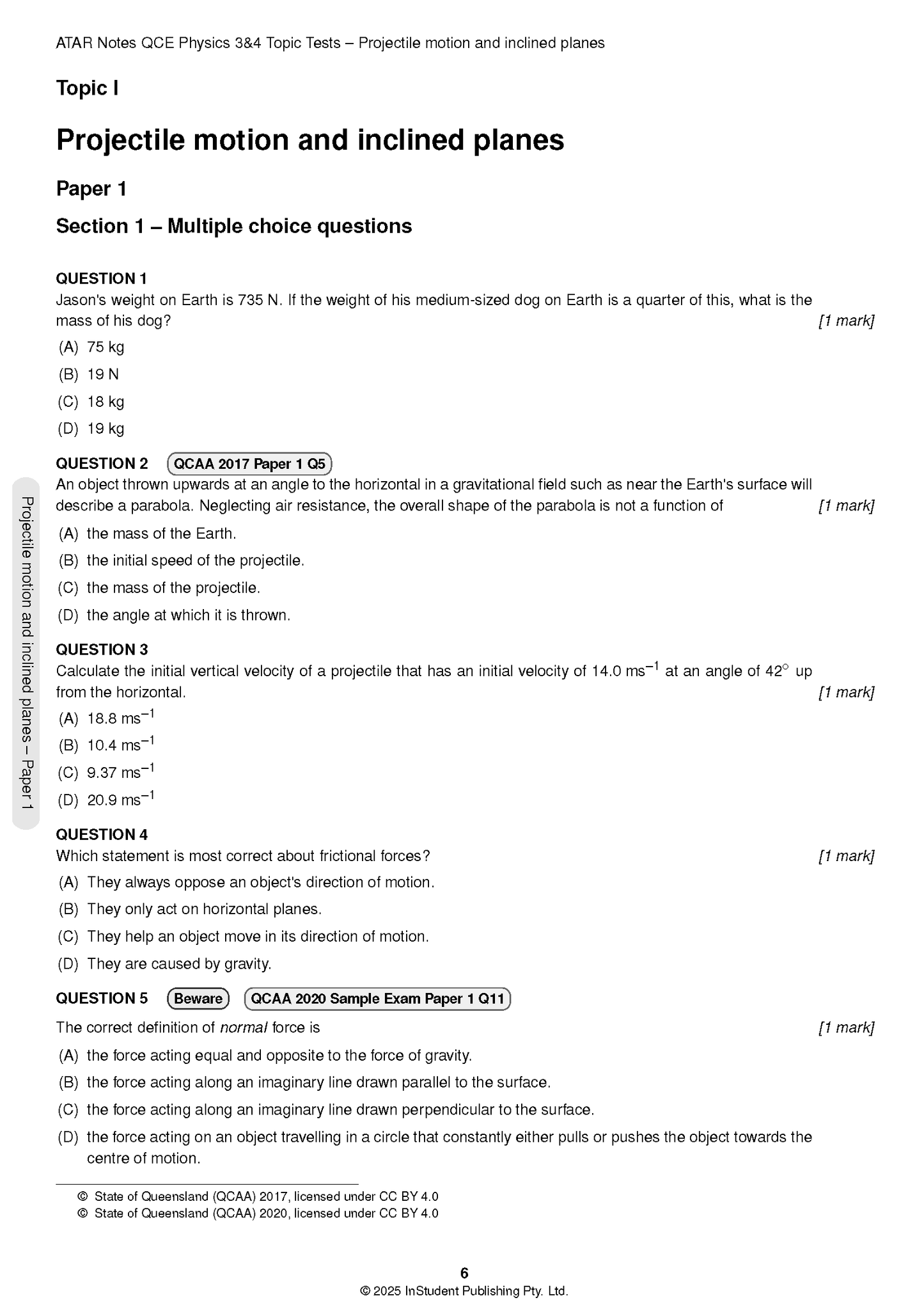 QCE Physics 3&4 Topic Tests (2026-2028) by ATAR Notes, showing a page with projectile motion questions.