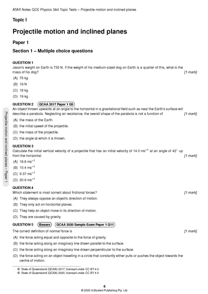 QCE Physics 3&4 Topic Tests (2026-2028) by ATAR Notes, showing a page with projectile motion questions.