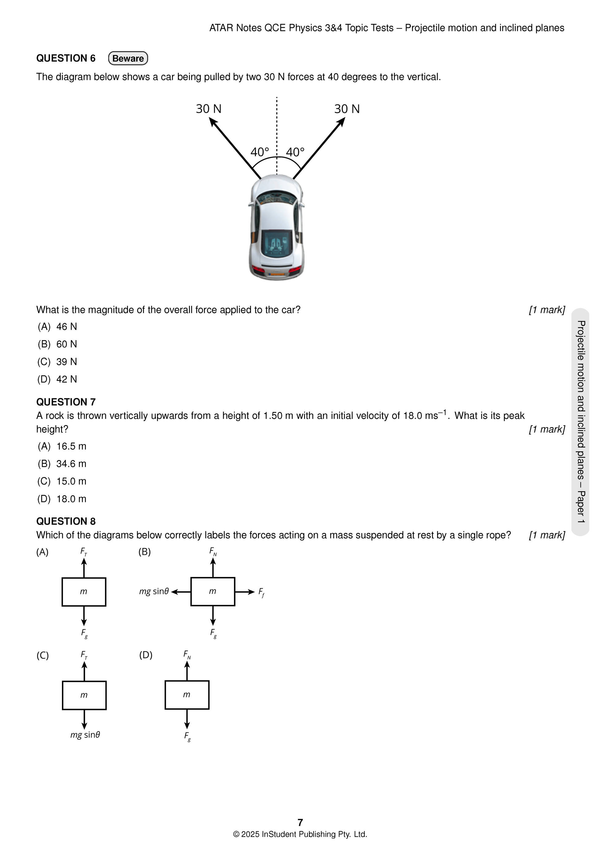 QCE Physics Topic Tests by ATAR Notes, displaying multiple-choice questions on forces and projectile motion with diagrams.