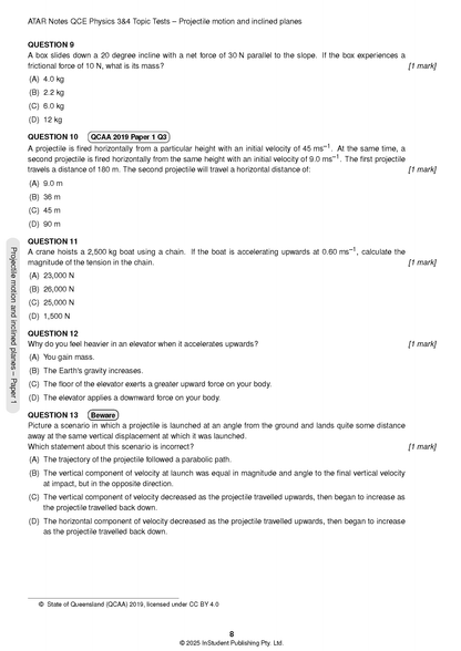 QCE Physics 3&4 Topic Tests by ATAR Notes, open to a page displaying multiple-choice questions on projectile motion.