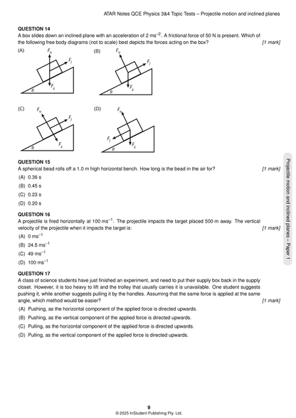 QCE Physics 3&4 Topic Tests (2026-2028) by ATAR Notes, showing a page with questions on projectile motion and inclined planes, including free-body diagrams.