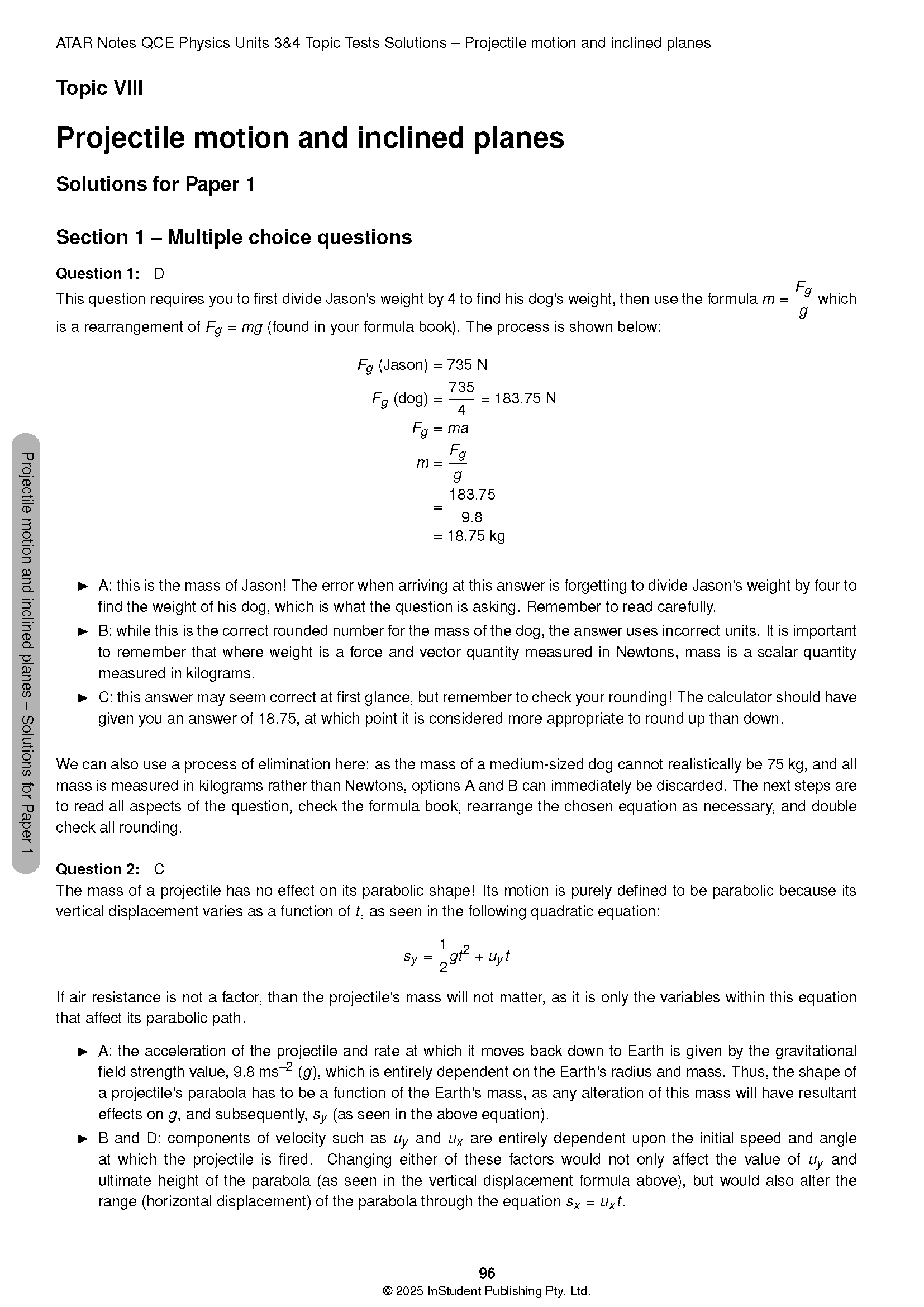 QCE Physics Topic Tests Solutions by ATAR Notes, showing detailed answers, formulas, and explanations for projectile motion questions on a white page.