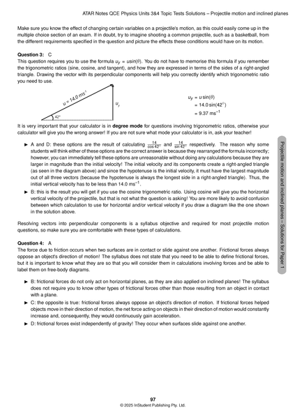 Physics Topic Tests by ATAR Notes, displaying a page with projectile motion and friction questions, solutions, and a diagram.