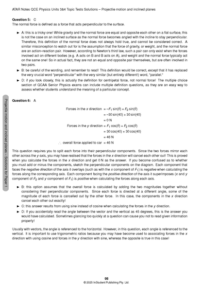 Physics Topic Tests by ATAR Notes, a page showing solutions for projectile motion questions with calculations.