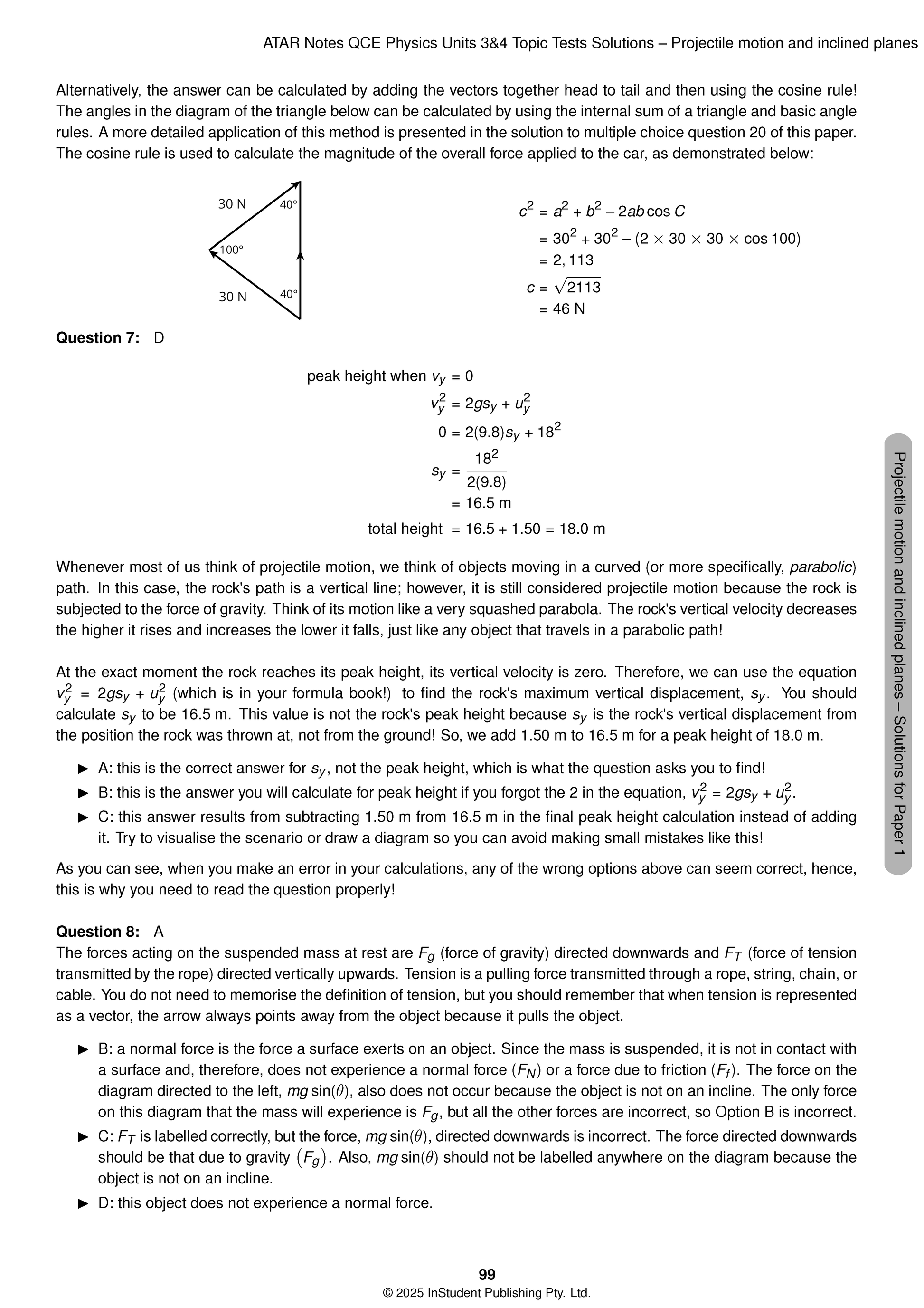 QCE Physics 3&4 Topic Tests by ATAR Notes, showing a page with physics solutions, vector diagrams, and projectile motion equations.
