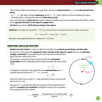 Physics Summary Sheets by ATAR Notes, displaying notes, formulas, and diagrams on gravity, motion, and uniform circular motion.