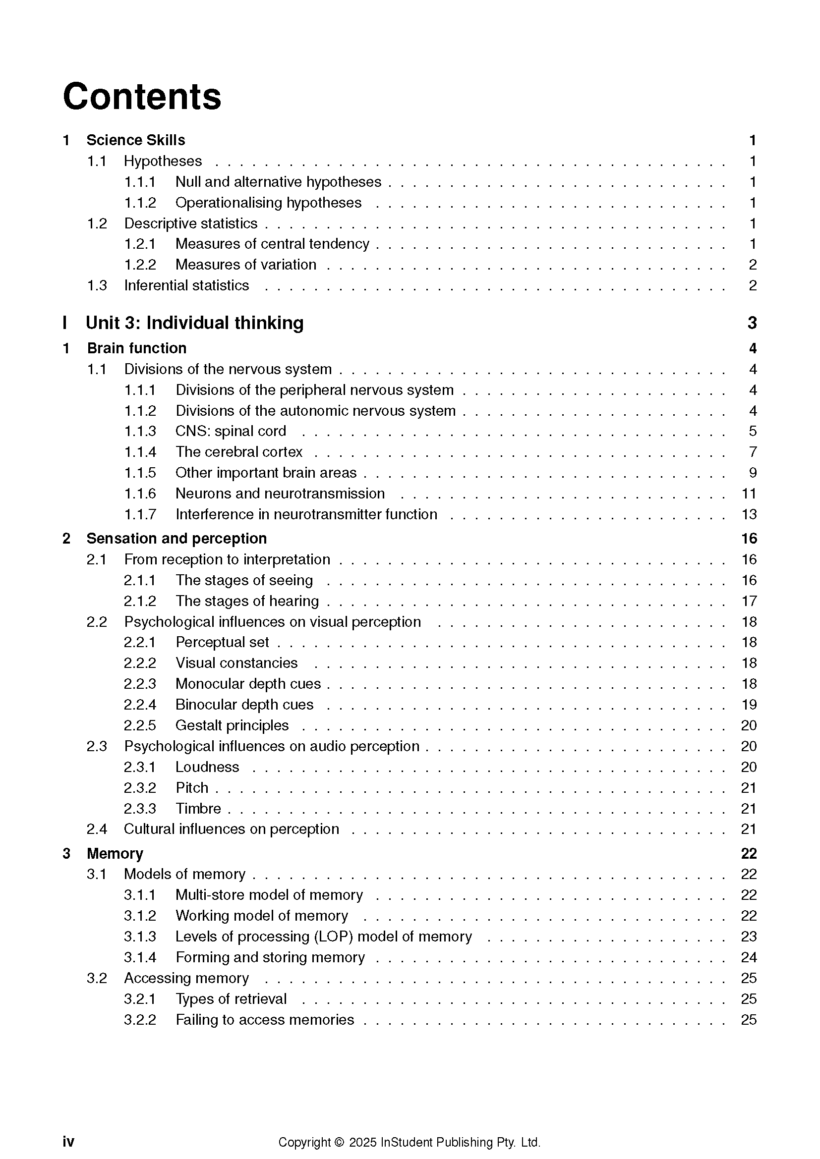 Course notes displaying the contents page from ATAR Notes, listing academic sections and page numbers.