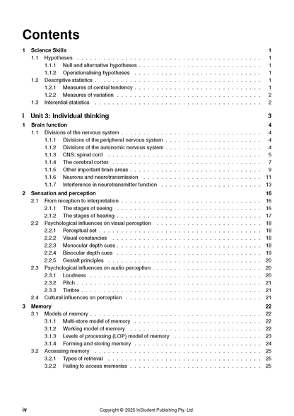Course notes displaying the contents page from ATAR Notes, listing academic sections and page numbers.