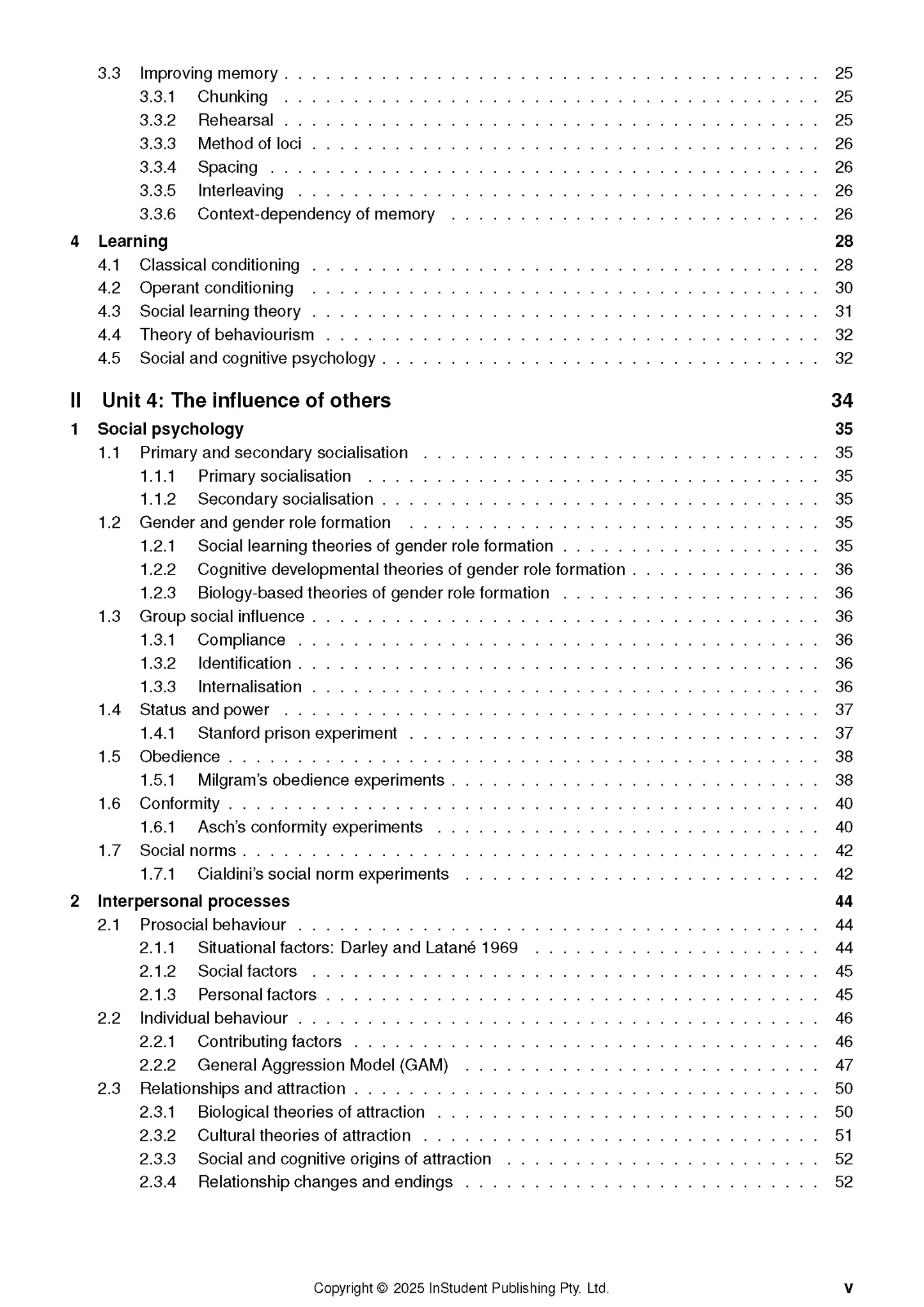 Course notes by ATAR Notes, displaying a table of contents with sections on memory, learning, and social psychology.