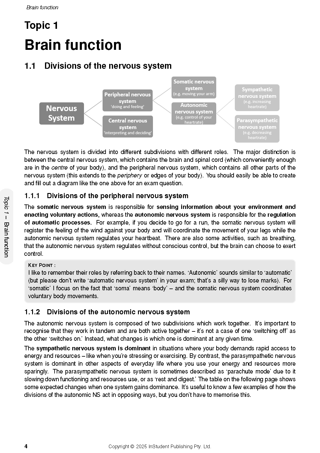 Course notes by ATAR Notes, displaying a detailed diagram of the nervous system and explanatory text on brain function.