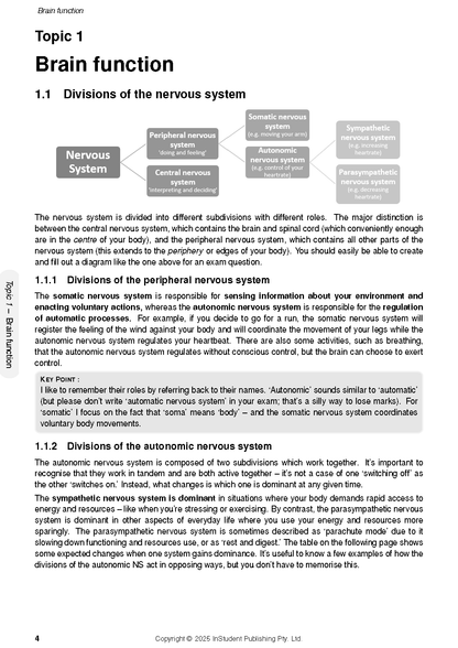 Course notes by ATAR Notes, displaying a detailed diagram of the nervous system and explanatory text on brain function.