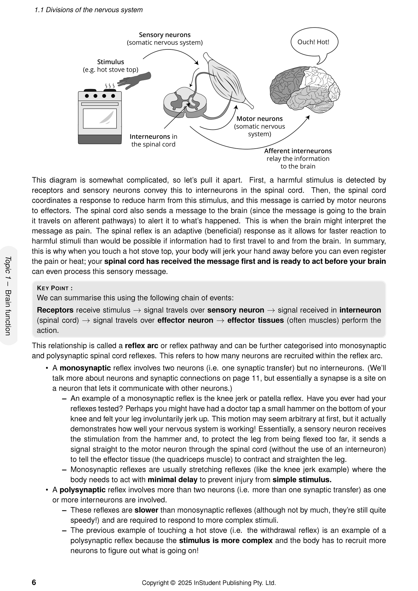 Psychology course notes page by ATAR Notes showing a nervous system reflex arc diagram with explanatory text.