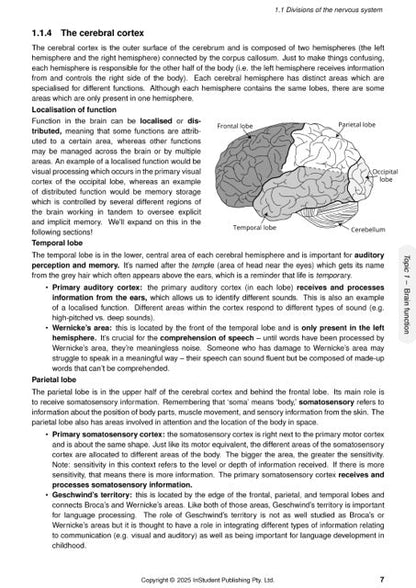 QCE Psychology Course Notes by ATAR Notes displaying a page on the cerebral cortex with a labeled brain diagram.