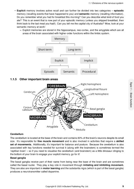 QCE Psychology 3&4 Complete Course Notes by ATAR Notes, with brain diagrams illustrating memory divisions and anatomical regions.