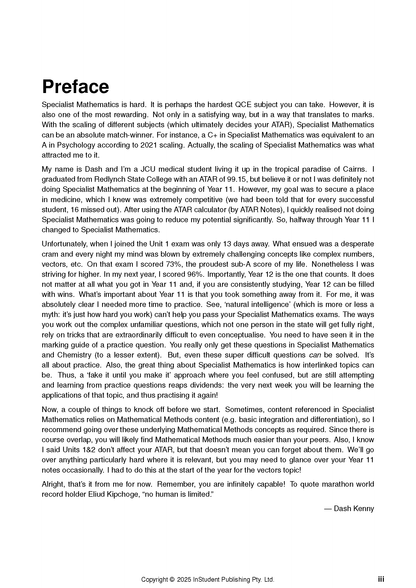 Course notes by ATAR Notes displaying a "Preface" page with text about Specialist Mathematics.