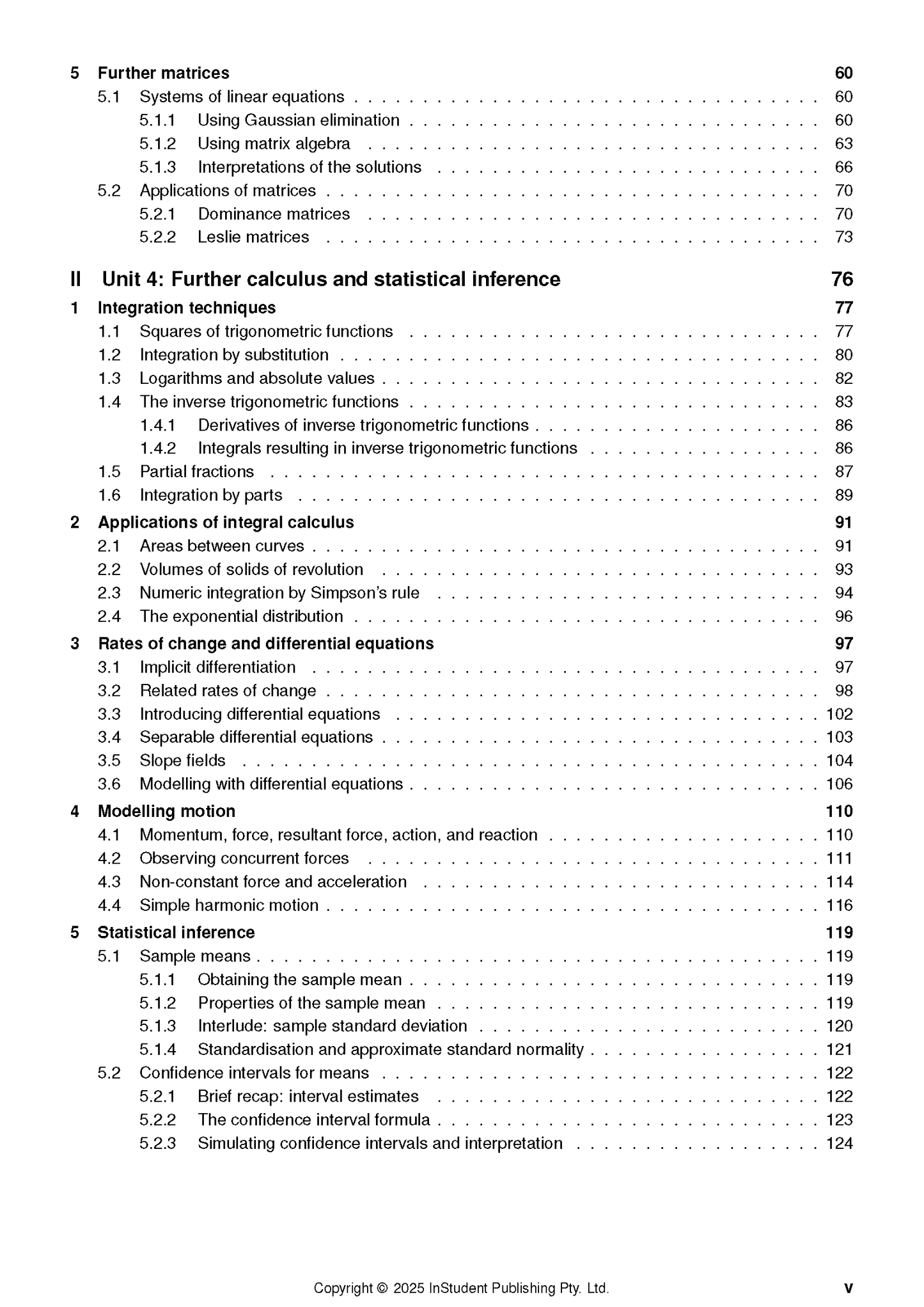 QCE Specialist Maths course notes by ATAR Notes, displaying a table of contents with sections on matrices, calculus, and statistical inference.