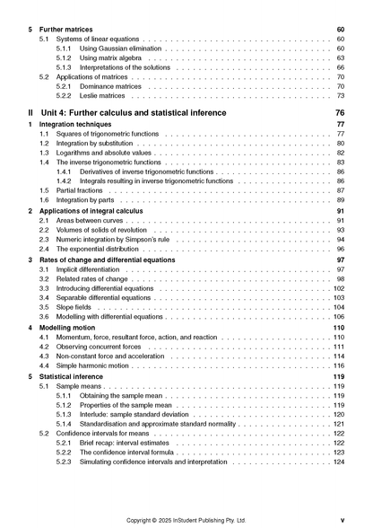 QCE Specialist Maths course notes by ATAR Notes, displaying a table of contents with sections on matrices, calculus, and statistical inference.