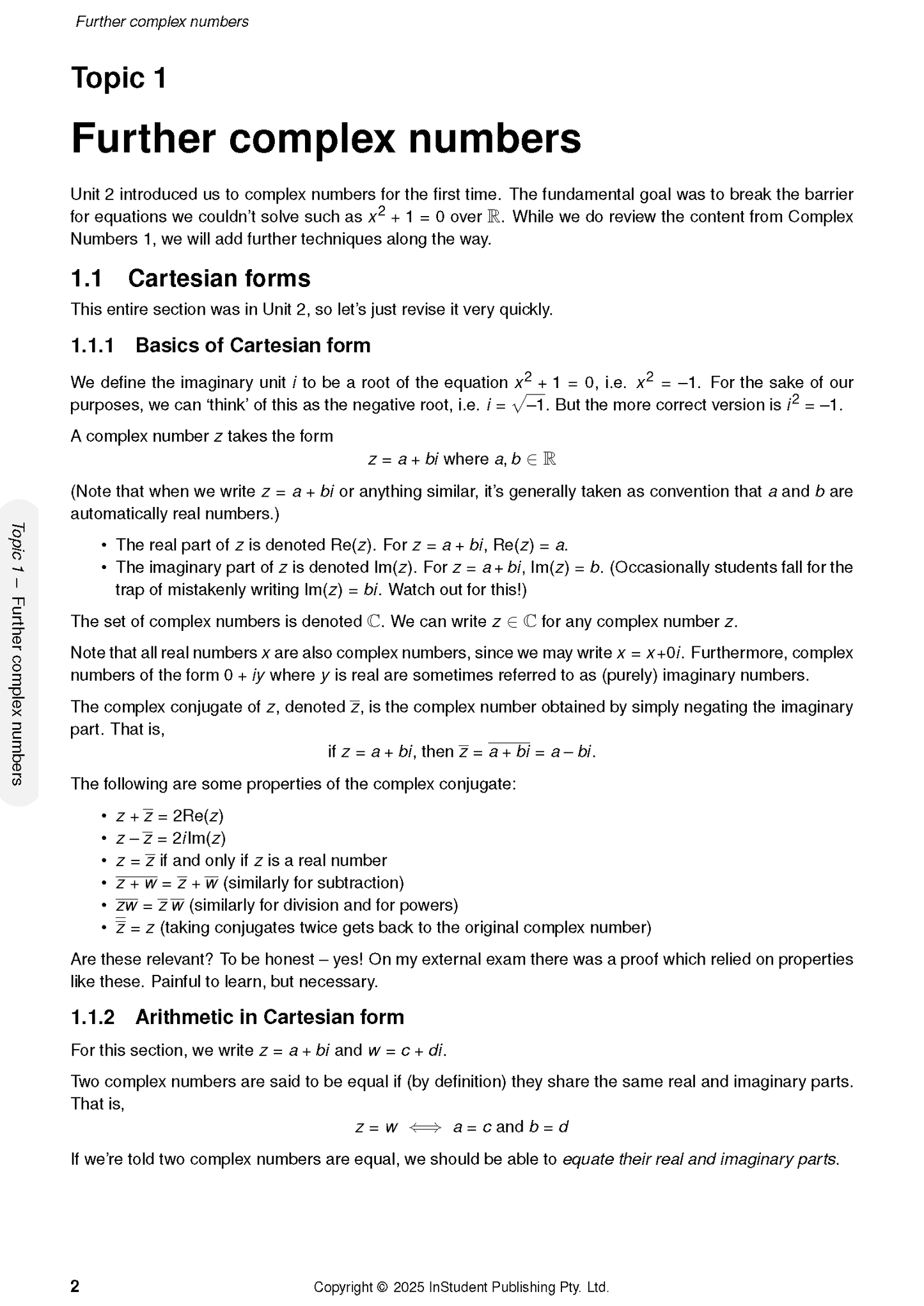 Course notes page with black text on a white background by ATAR Notes, detailing complex numbers and Cartesian forms.