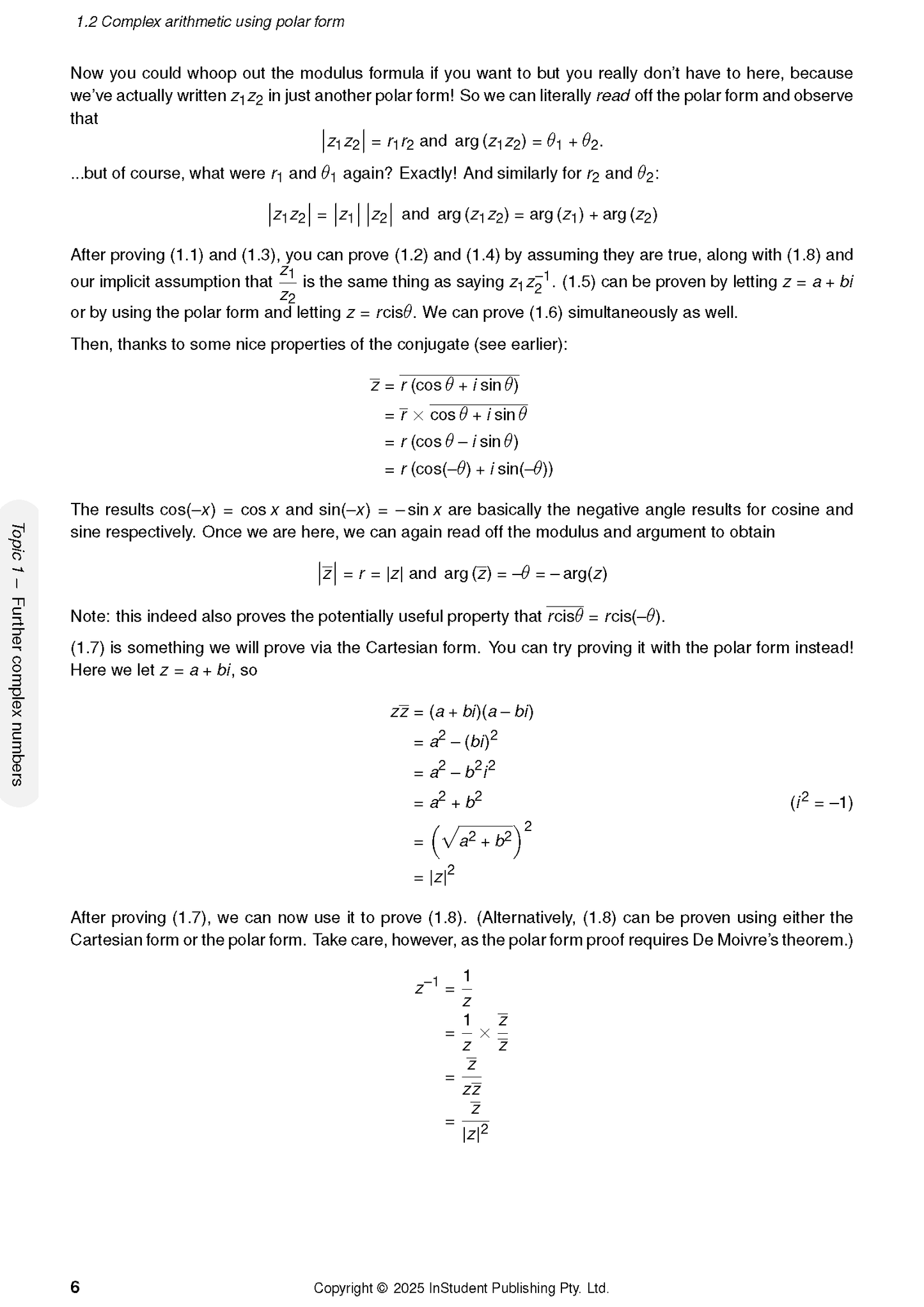Specialist Maths Course Notes by ATAR Notes, displaying page 6 titled '1.2 Complex arithmetic using polar form' with formulas and explanatory text.