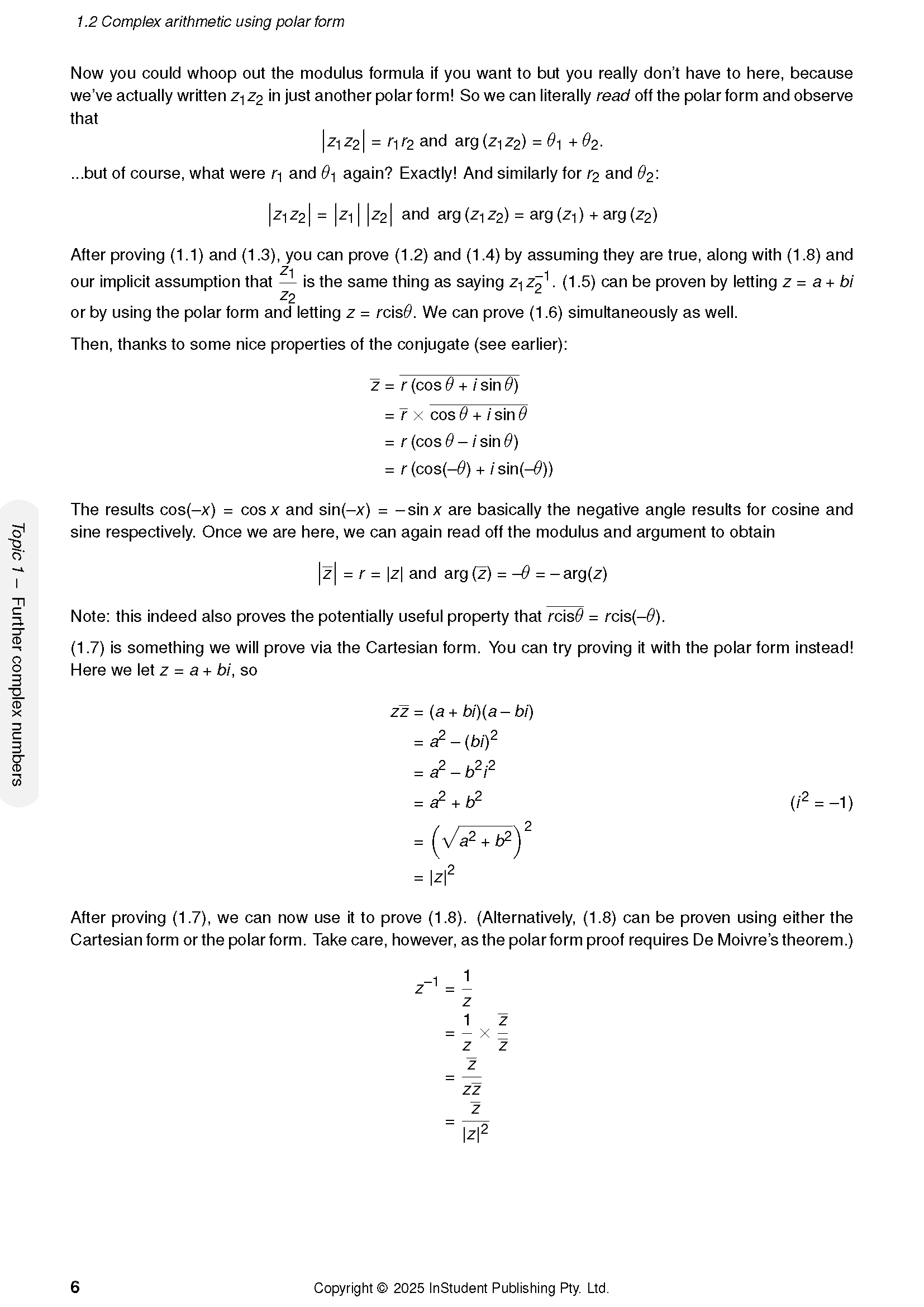 Specialist Maths Course Notes by ATAR Notes, displaying page 6 titled '1.2 Complex arithmetic using polar form' with formulas and explanatory text.