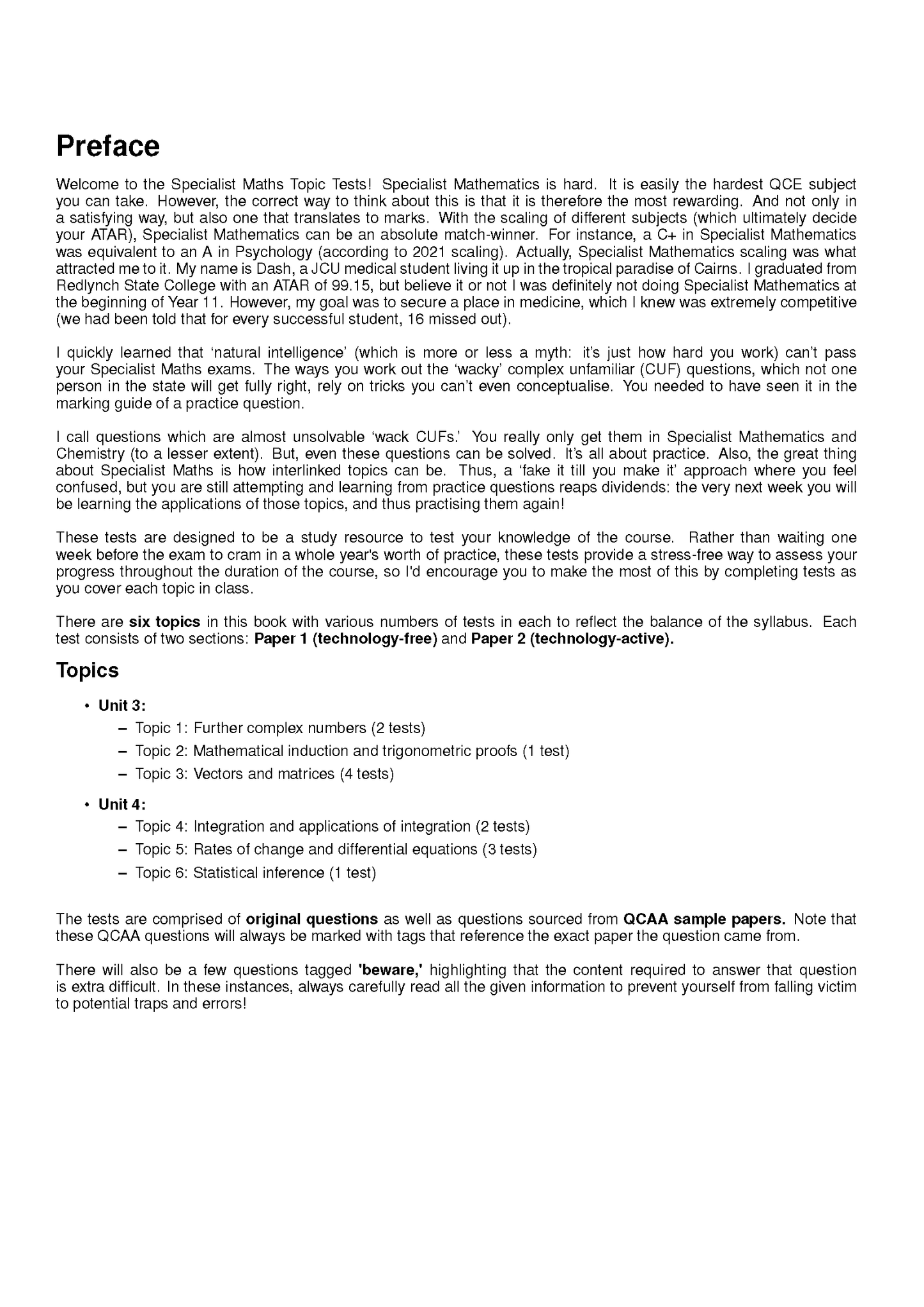 Specialist Maths Topic Tests printed document by ATAR Notes, showing the "Preface" and "Topics" list.