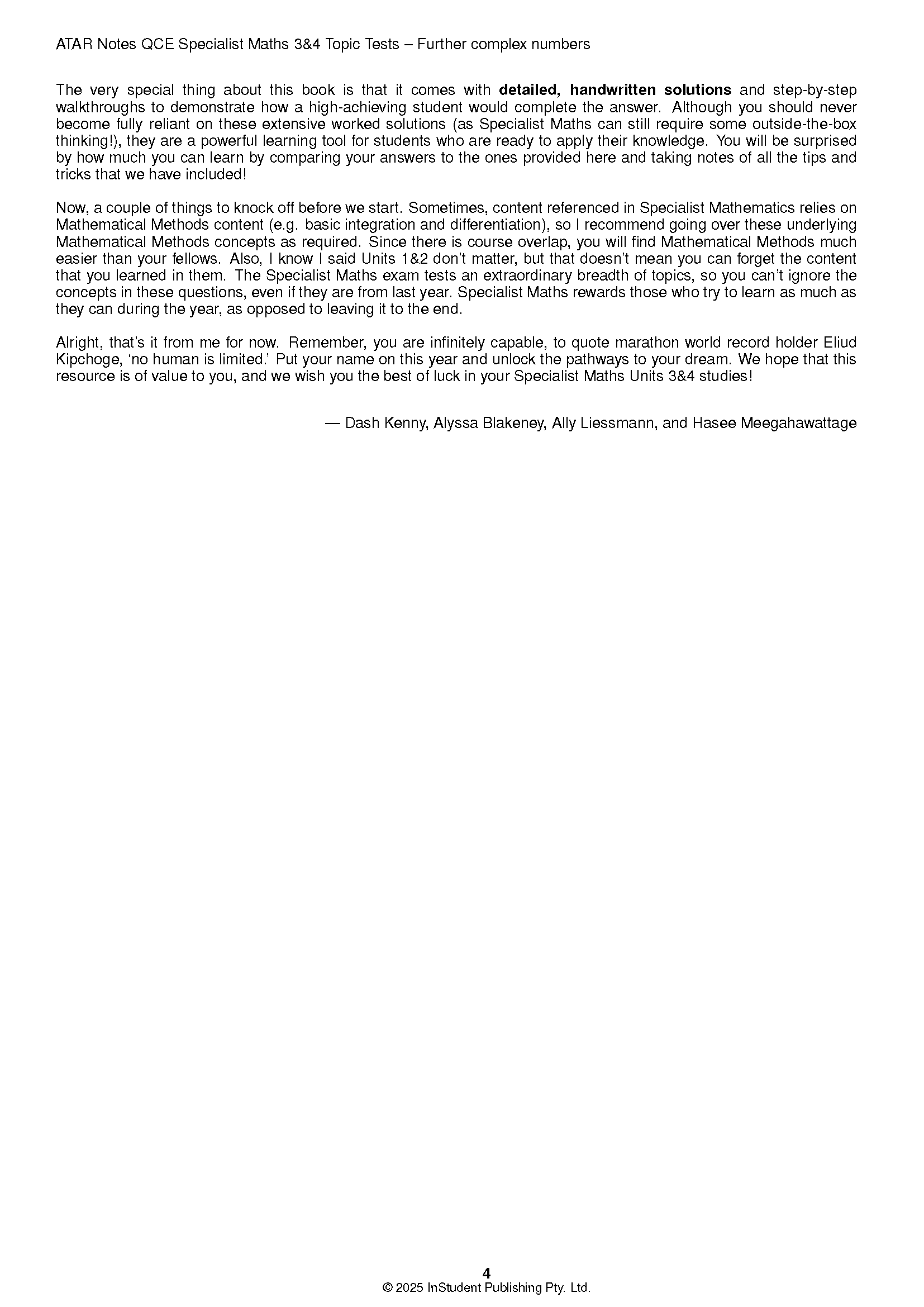 A page from the Specialist Maths Topic Tests by ATAR Notes, featuring introduction text and author names.