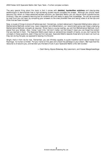 A page from the Specialist Maths Topic Tests by ATAR Notes, featuring introduction text and author names.