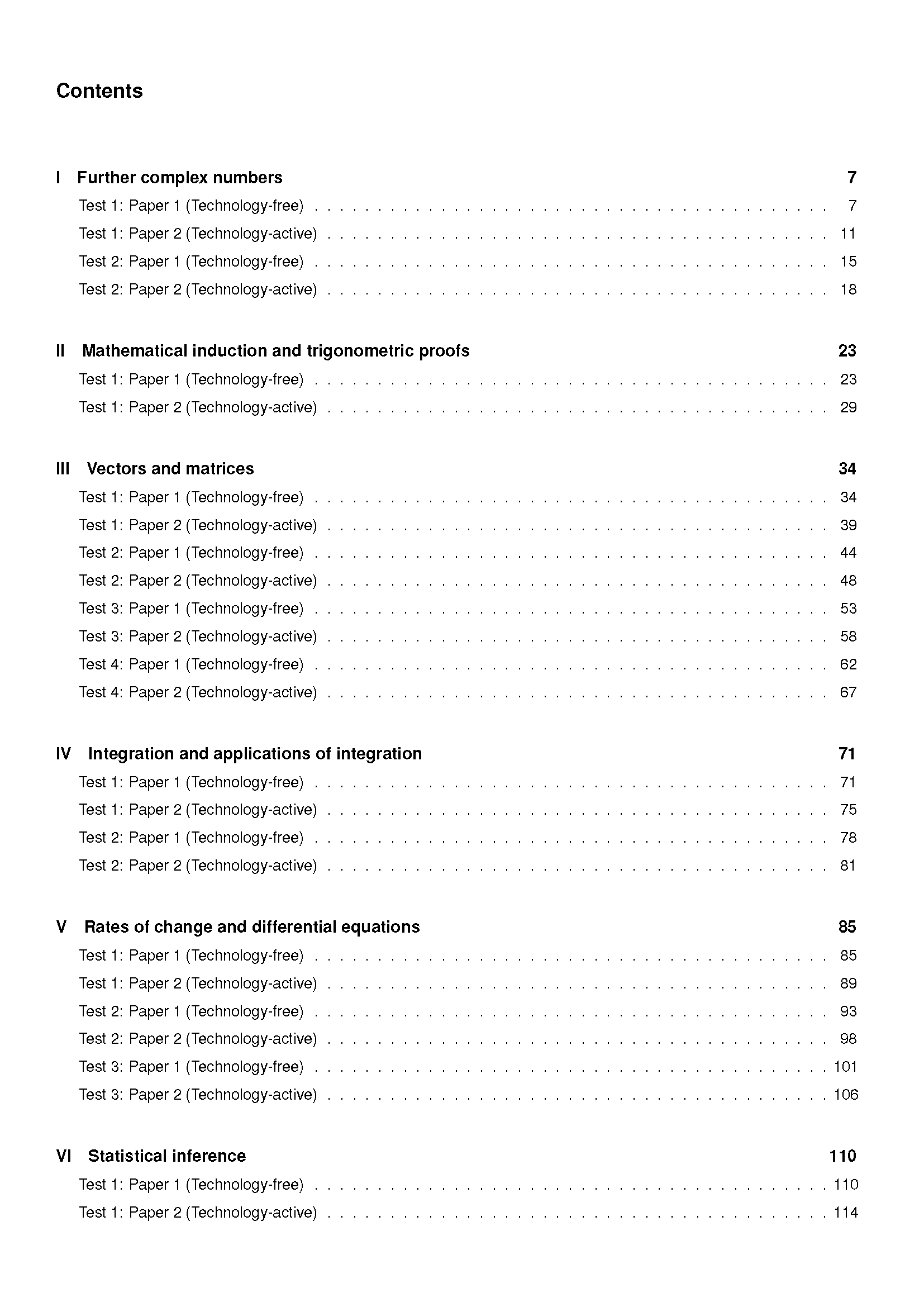 Contents page for QCE Specialist Maths 3&4 Topic Tests by ATAR Notes, showing six sections with test types and page numbers.