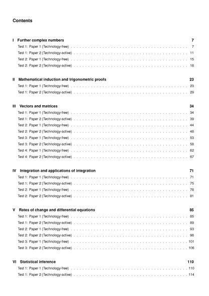Contents page for QCE Specialist Maths 3&4 Topic Tests by ATAR Notes, showing six sections with test types and page numbers.