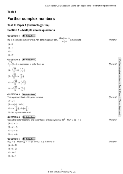 Specialist Maths 3&4 Topic Test questions by ATAR Notes, showing a page with five complex numbers multiple-choice questions.