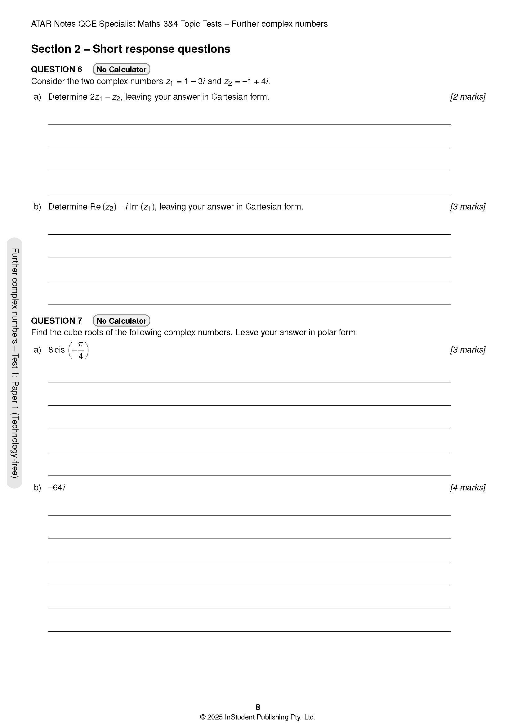 QCE Specialist Maths 3&4 Topic Test page by ATAR Notes, showing complex number short response questions and blank lines for answers.