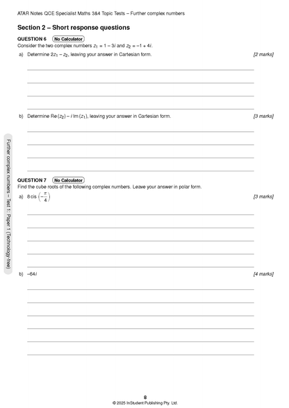 QCE Specialist Maths 3&4 Topic Test page by ATAR Notes, showing complex number short response questions and blank lines for answers.