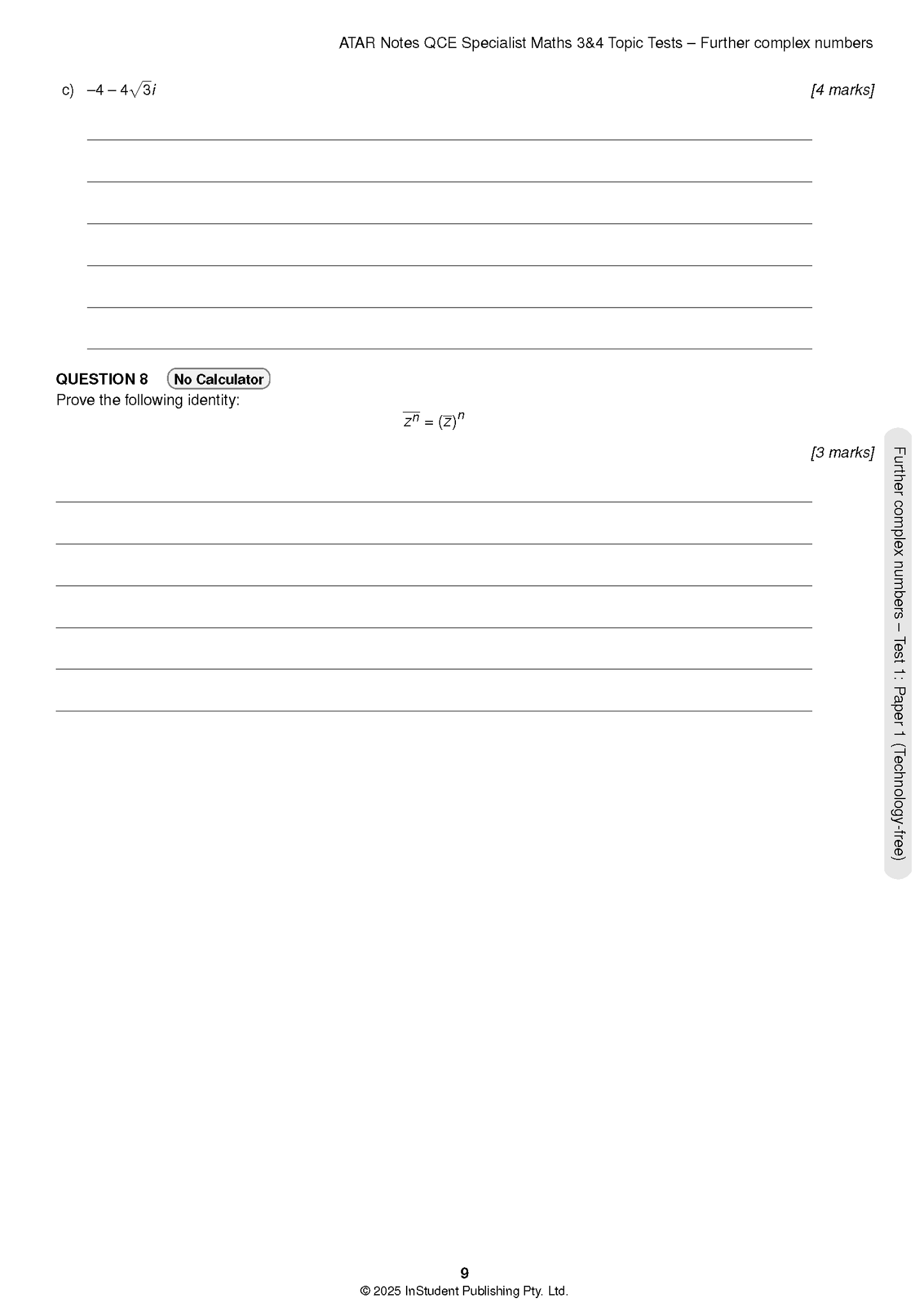 Topic Tests by ATAR Notes, a page showing complex numbers questions and answer lines from a Specialist Maths paper.
