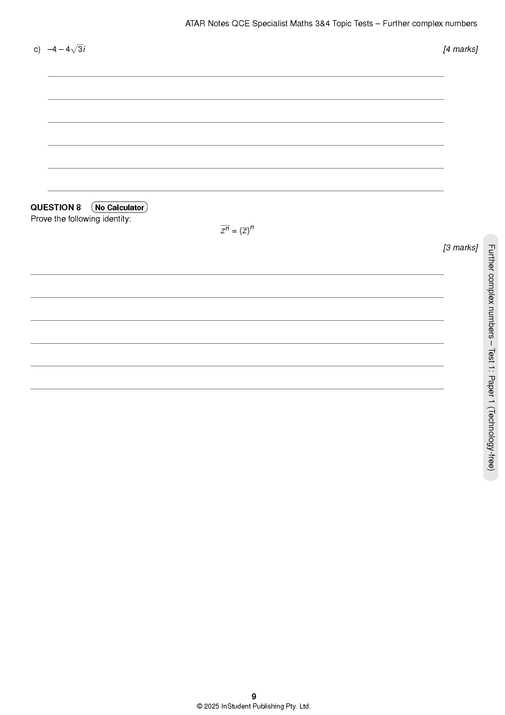 Topic Tests by ATAR Notes, a page showing complex numbers questions and answer lines from a Specialist Maths paper.