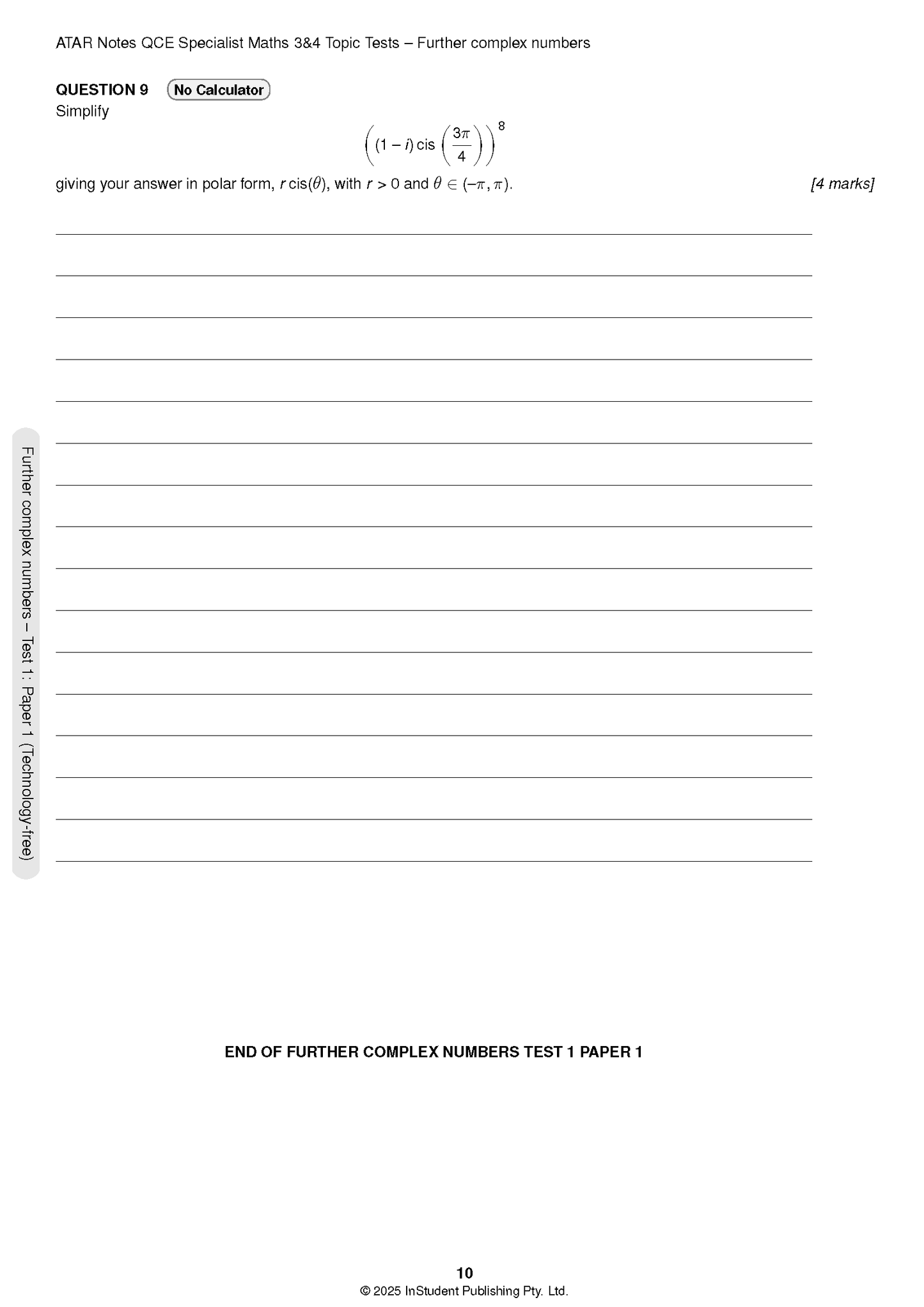 Specialist Maths topic test page by ATAR Notes, displaying a complex numbers question and 'No Calculator' instruction.