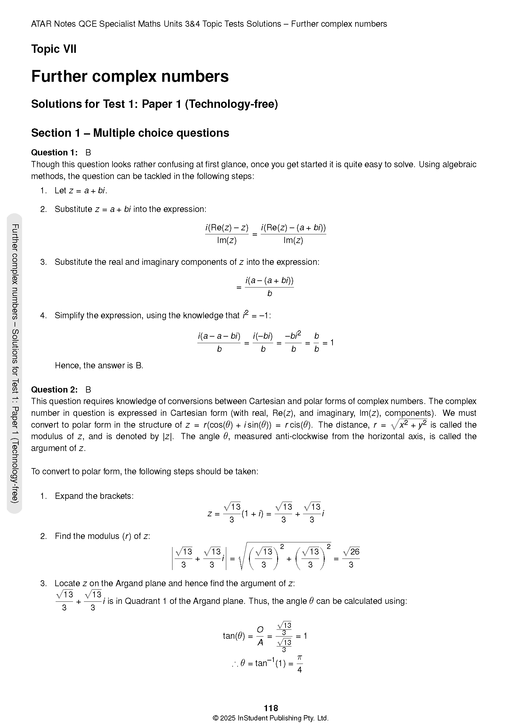 QCE Specialist Maths Topic Tests by ATAR Notes, a page displaying complex numbers solutions and equations.