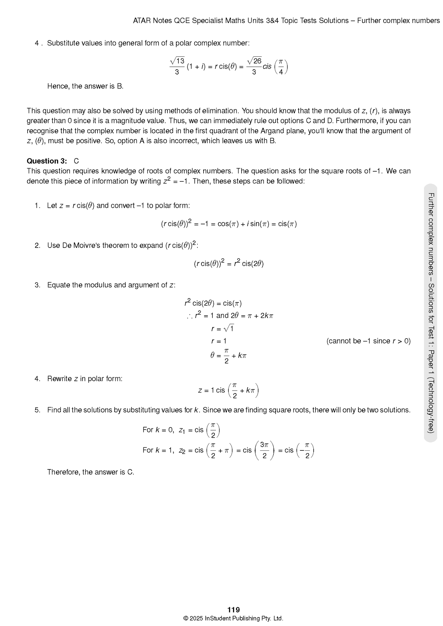 Specialist Maths Topic Test page by ATAR Notes showing complex number problem solutions.