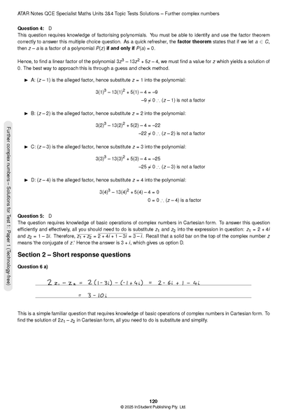 Page from Specialist Maths 3&4 Topic Tests by ATAR Notes, displaying solutions for complex numbers and polynomial factorization.