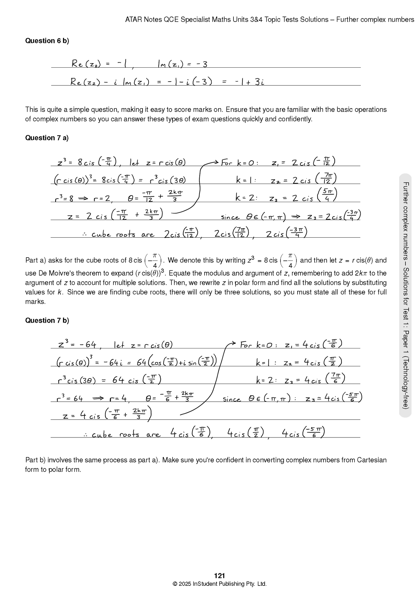 QCE Specialist Maths 3&4 Topic Test Solutions by ATAR Notes, displaying handwritten complex number equations on a page.
