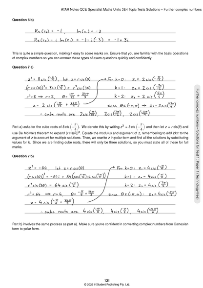 QCE Specialist Maths 3&4 Topic Test Solutions by ATAR Notes, displaying handwritten complex number equations on a page.