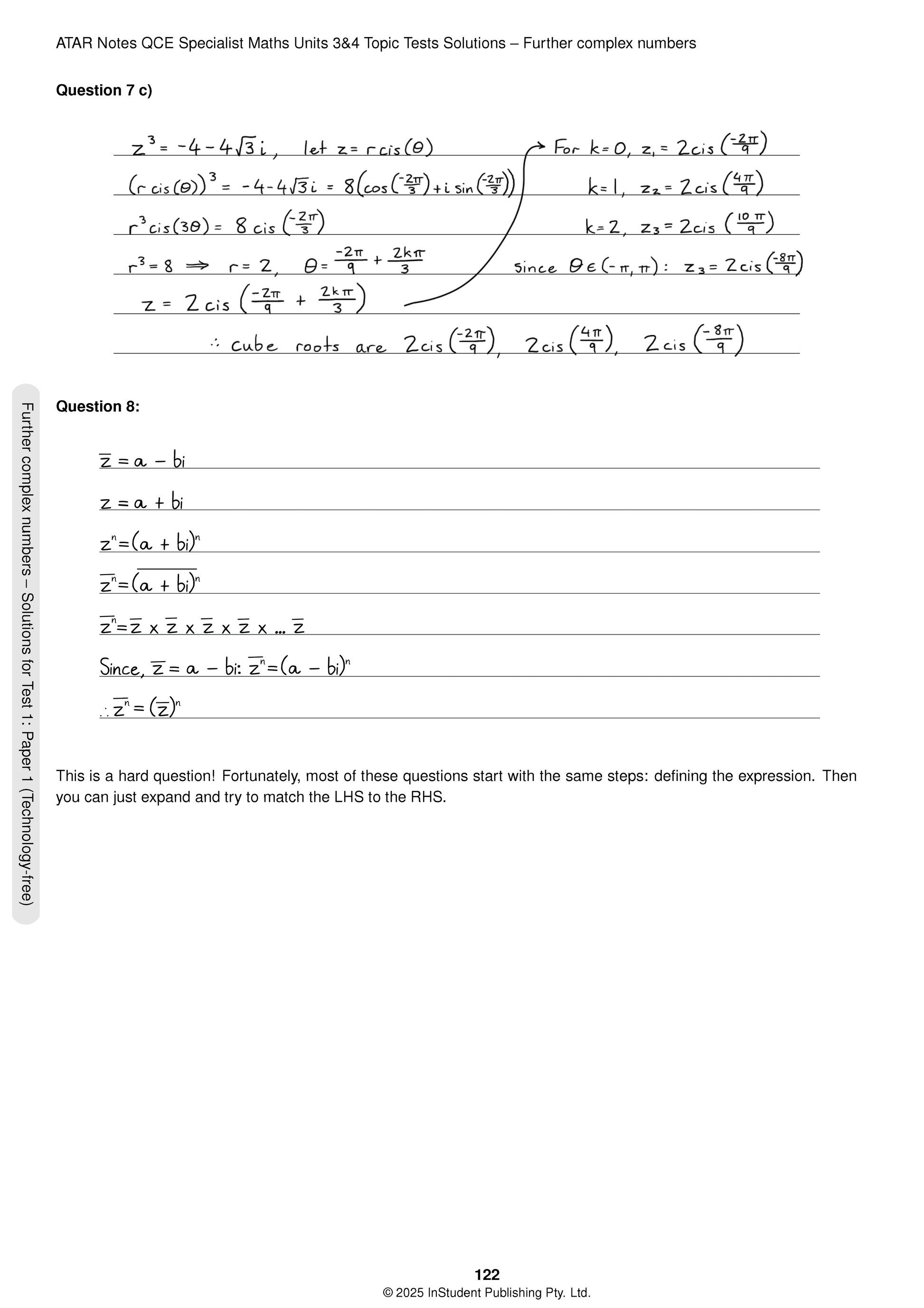 Topic Tests solution document by ATAR Notes showing handwritten complex number equations and steps for QCE Specialist Maths.