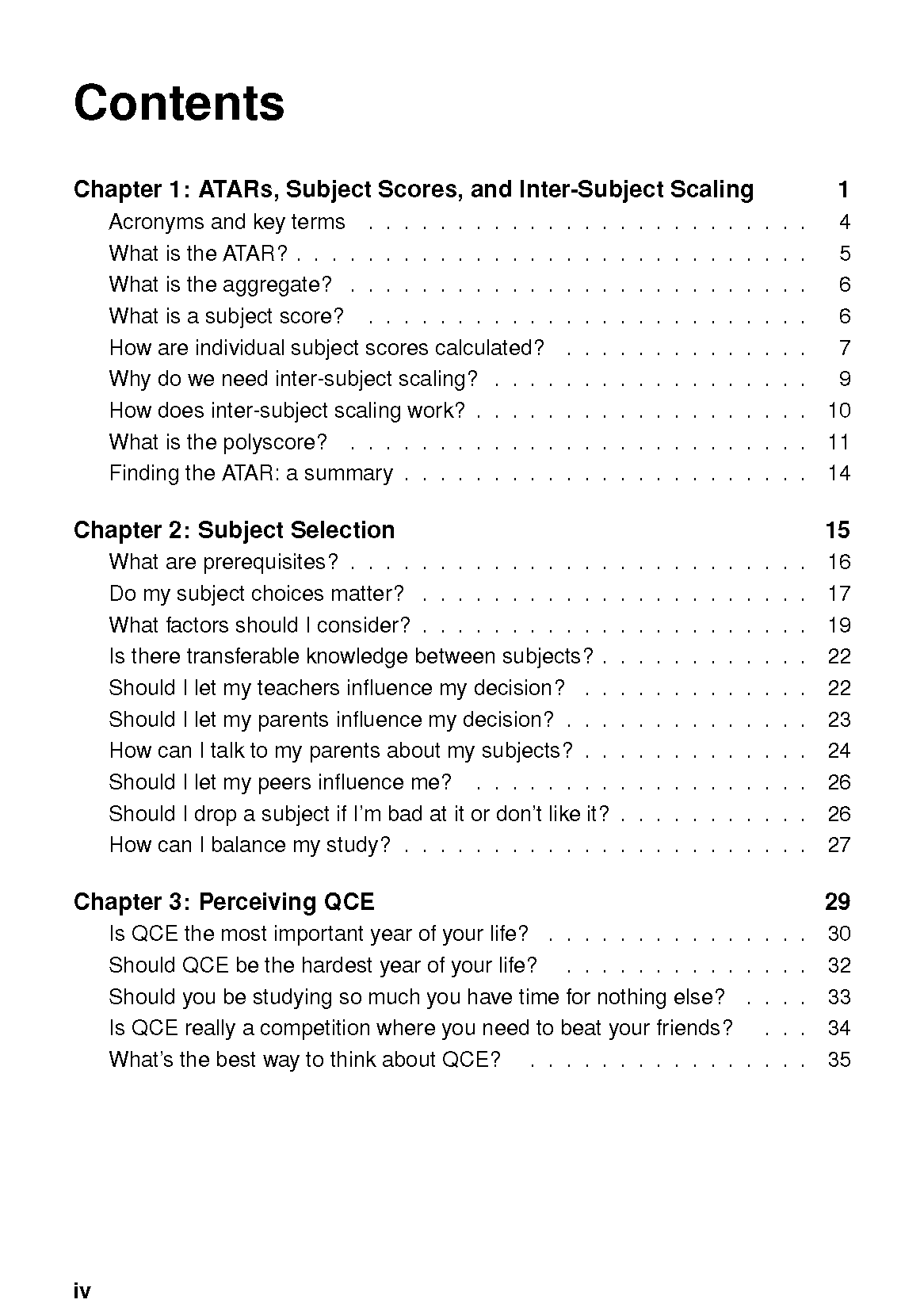 Table of contents page from a Survival Guide by ATAR Notes, listing chapters on ATARs, subject selection, and perceiving QCE.
